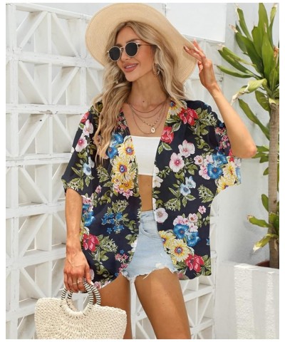 Women's 3/4 Sleeve Floral Print Kimono Sheer Chiffon Loose Cardigan S-3XXL Black Chrysanthemum $12.71 Sweaters