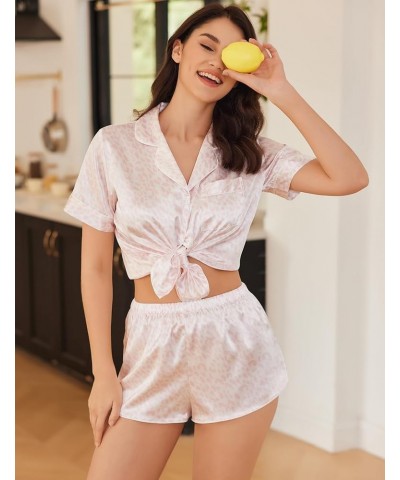 Womens Silk Satin Pajamas Set Short Sleeve Sleepwear Button Down Loungewear 2 Piece Pjs Shorts Set S-XXL Pink Leopard $10.99 ...