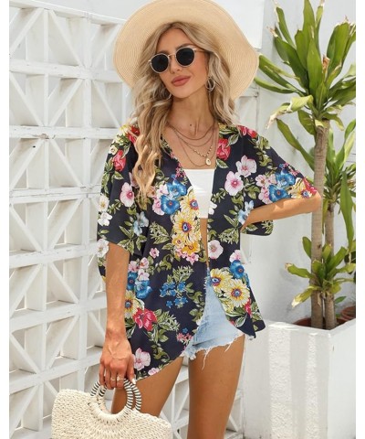 Women's 3/4 Sleeve Floral Print Kimono Sheer Chiffon Loose Cardigan S-3XXL Black Chrysanthemum $12.71 Sweaters