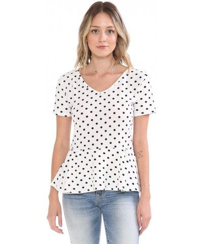 Women's Classic Stretchy Short Sleeve Flare Peplum Blouse Top with Plus Size Stt020_ivorypolkadot $13.56 Blouses