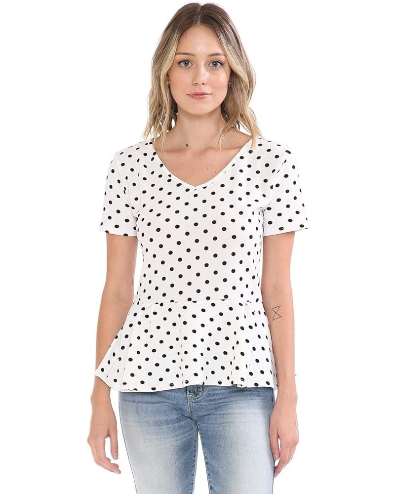 Women's Classic Stretchy Short Sleeve Flare Peplum Blouse Top with Plus Size Stt020_ivorypolkadot $13.56 Blouses