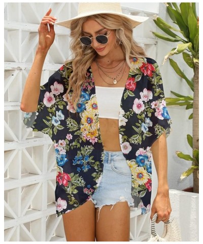 Women's 3/4 Sleeve Floral Print Kimono Sheer Chiffon Loose Cardigan S-3XXL Black Chrysanthemum $12.71 Sweaters