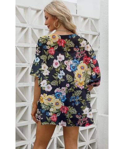 Women's 3/4 Sleeve Floral Print Kimono Sheer Chiffon Loose Cardigan S-3XXL Black Chrysanthemum $12.71 Sweaters