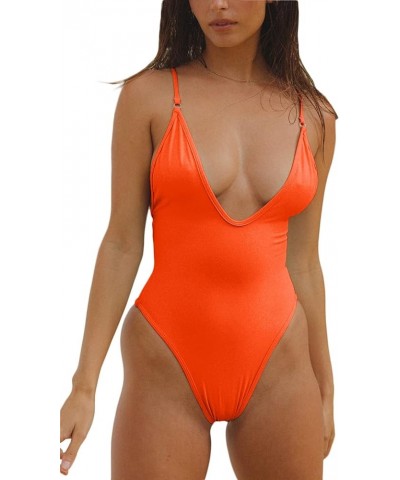 Womens One Piece Bathing Suit Deep V Neck Adjustable Spaghetti Straps Backless Thong Swimsuit Orange $9.68 Swimsuits