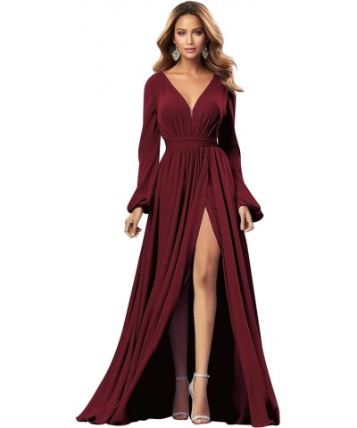 Chiffon Bridesmaid Dress for Wedding with Long Sleeve V Neck Formal Party Gown with Slit Black $35.99 Dresses