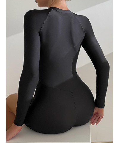 Women's Colorblock Zipper Front Long Sleeve One Piece Swimwear Black White B $15.05 Swimsuits