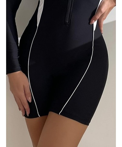 Women's Colorblock Zipper Front Long Sleeve One Piece Swimwear Black White B $15.05 Swimsuits