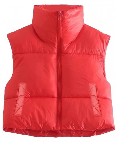 Women Zip Up Waistcoat Stand Collar Sleeveless Lightweight Padded Cropped Puffer Quilted Vest Warm Winter Jacket Red $8.40 Vests