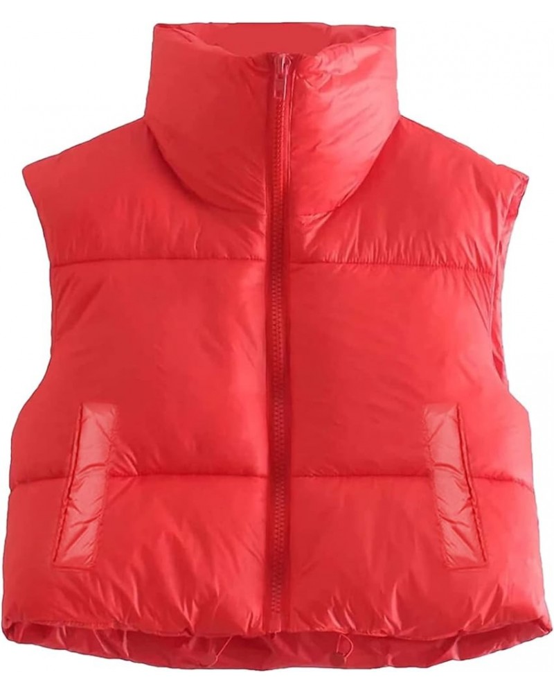 Women Zip Up Waistcoat Stand Collar Sleeveless Lightweight Padded Cropped Puffer Quilted Vest Warm Winter Jacket Red $8.40 Vests