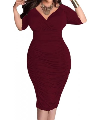 Plus Size Dresses for Women Sexy Wrap Ruched V Neck Midi Bodycon Dress Elegant Pencil Business Dresese for Church Half Sleeve...