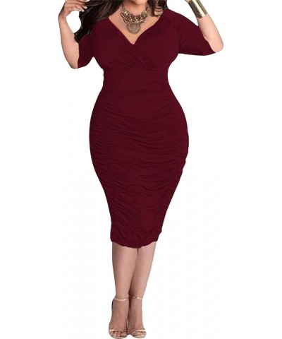 Plus Size Dresses for Women Sexy Wrap Ruched V Neck Midi Bodycon Dress Elegant Pencil Business Dresese for Church Half Sleeve...