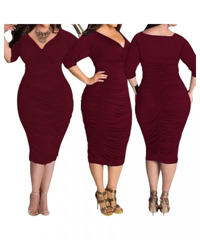 Plus Size Dresses for Women Sexy Wrap Ruched V Neck Midi Bodycon Dress Elegant Pencil Business Dresese for Church Half Sleeve...