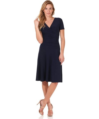 Women's Slimming Short Sleeve Fit-N-Flare Crossover Tummy Control Dress Navy $29.14 Dresses