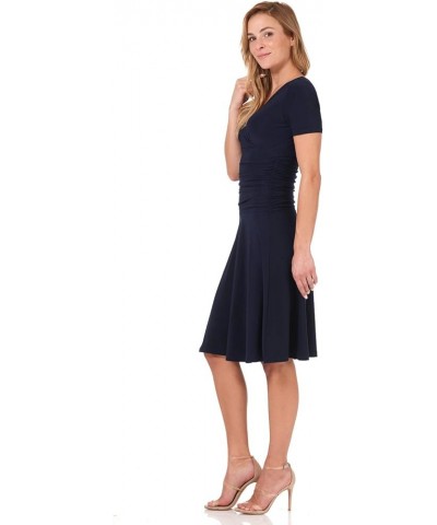 Women's Slimming Short Sleeve Fit-N-Flare Crossover Tummy Control Dress Navy $29.14 Dresses