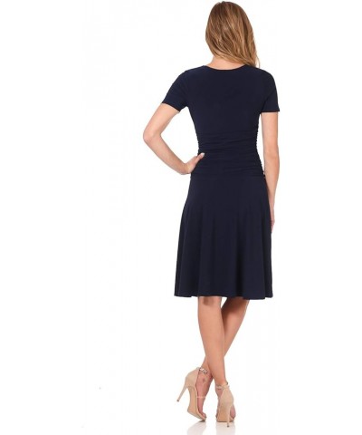 Women's Slimming Short Sleeve Fit-N-Flare Crossover Tummy Control Dress Navy $29.14 Dresses