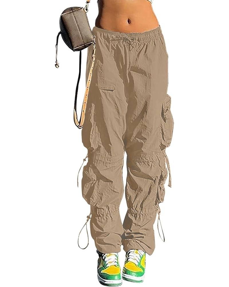 Baggy Parachute Pants for Women& Girls Drawstring Elastic Low Waist Ruched Cargo Pants Multiple Pockets Jogger Y2K Khaki $12....