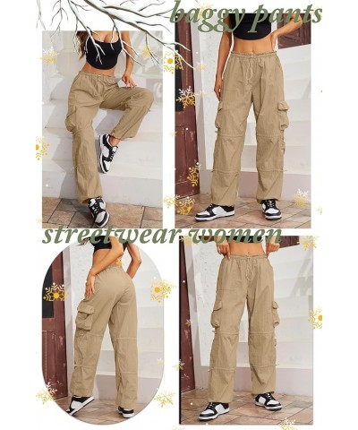 Baggy Parachute Pants for Women& Girls Drawstring Elastic Low Waist Ruched Cargo Pants Multiple Pockets Jogger Y2K Khaki $12....