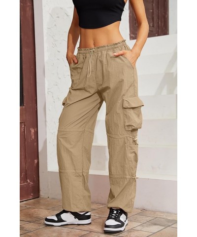 Baggy Parachute Pants for Women& Girls Drawstring Elastic Low Waist Ruched Cargo Pants Multiple Pockets Jogger Y2K Khaki $12....