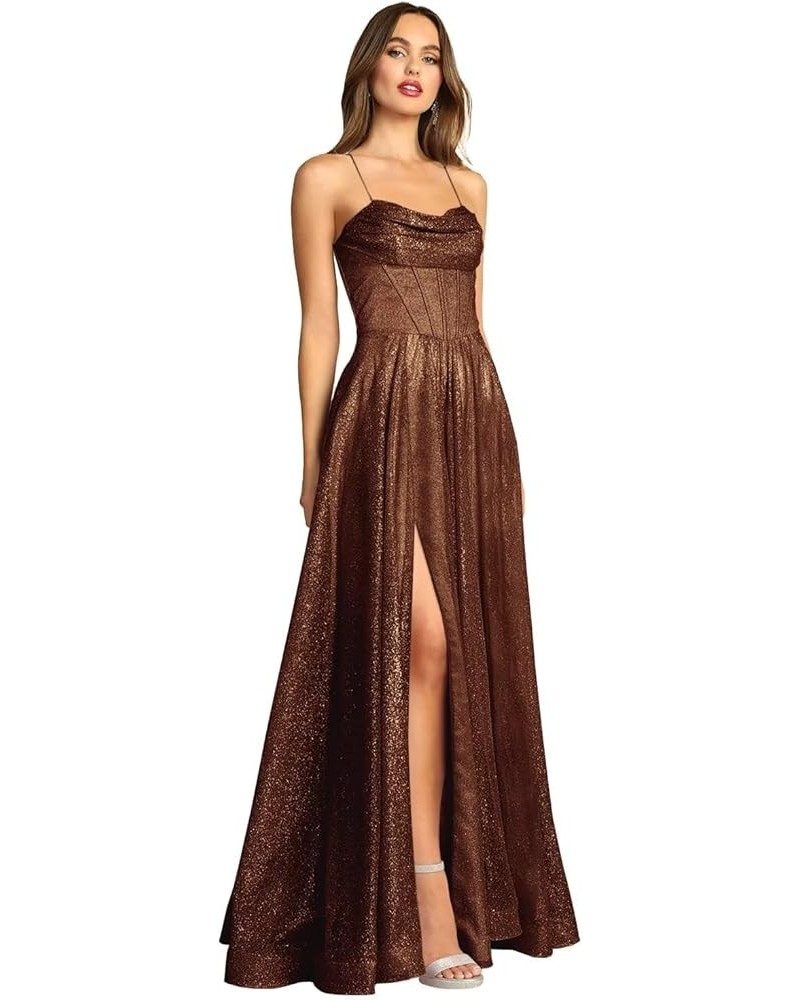 Sparkly Tulle Prom Dresses Spaghetti Straps Corset Women’s Long Formal Evening Gowns 2024 Brown $34.50 Dresses