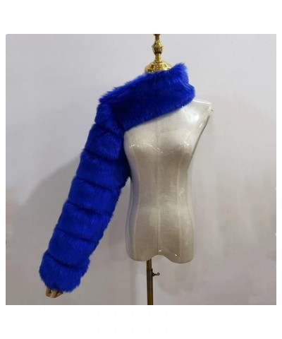 Women Autumn Winter One Shoulder Cropped Faux Fur Coat Luxury Warm Faux Fox Fur Jackets Outwears Blue $28.55 Coats