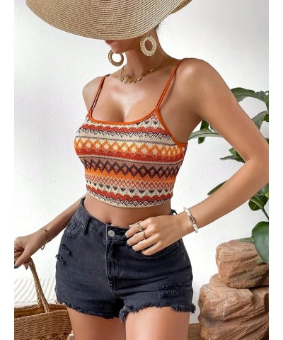 Women's Boho Y2k Cami Crop Top Chevron Print Spaghetti Strap Summer Tops Orange Print $11.65 Tanks