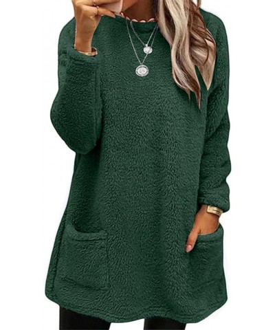 Women's Fleece Sweatshirts Long Sleeve Hoodless Pullover Tops Winter Warm Coat With Pockets Solid Color Clothes Green-c $3.74...