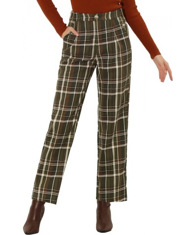 Women's Plaid Pants Elastic Waist Casual Work Office Long Trousers Army Green $16.06 Pants