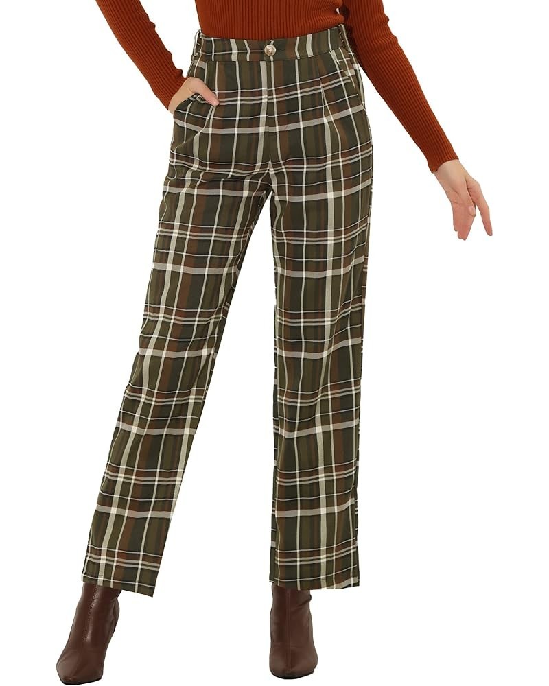 Women's Plaid Pants Elastic Waist Casual Work Office Long Trousers Army Green $16.06 Pants