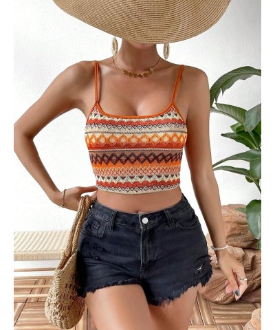 Women's Boho Y2k Cami Crop Top Chevron Print Spaghetti Strap Summer Tops Orange Print $11.65 Tanks