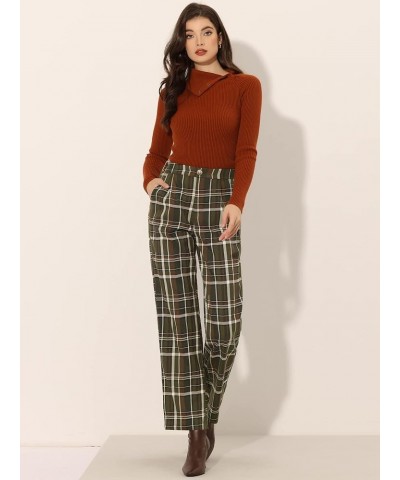 Women's Plaid Pants Elastic Waist Casual Work Office Long Trousers Army Green $16.06 Pants