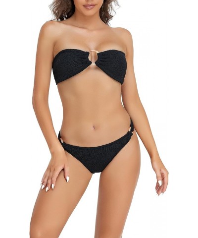 Women Bandeau Bikini Set Off Shoulder Ring Strapless Crinkle Fabric Swimsuits Black $14.04 Swimsuits