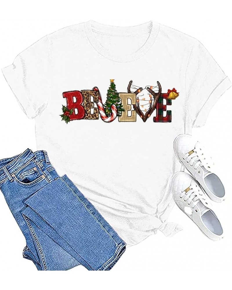 Christmas Shirts for Women Believe Letter Graphic T Shirts Funny Printing Christmas Family Ble-03we $10.39 T-Shirts