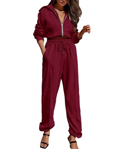 Women's 2 Piece Tracksuit Outfits Long Sleeve Zip Up Sweatshirt Drawstring Sweatpants Lounge Set Wine Red $20.58 Activewear