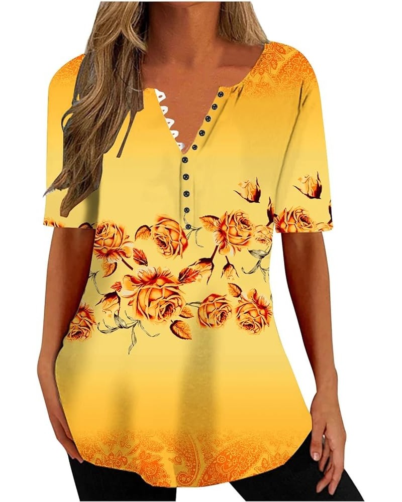 Summer Blouses for Women 2023 Paisley Short Sleeve Tunic Tops Button Down Henley Shirt Vintage Dressy Causal Clothes J04-oran...