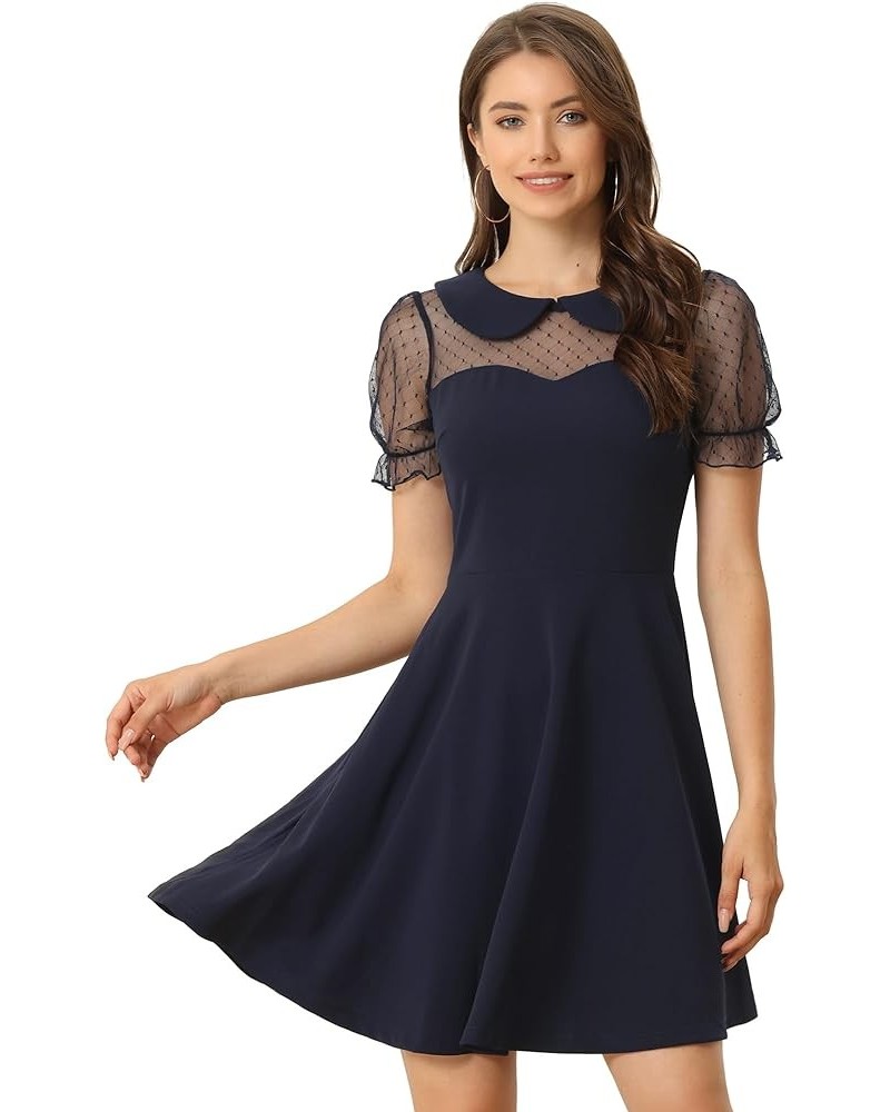 Retro Dresses for Women's Peter Pan Collar Valentine's Day A-Line Mesh Sleeve Dress Dark Blue $17.15 Dresses