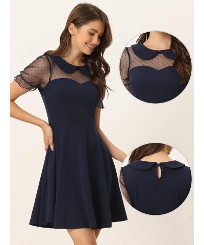 Retro Dresses for Women's Peter Pan Collar Valentine's Day A-Line Mesh Sleeve Dress Dark Blue $17.15 Dresses