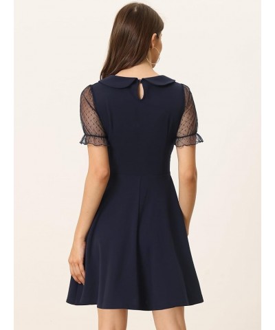 Retro Dresses for Women's Peter Pan Collar Valentine's Day A-Line Mesh Sleeve Dress Dark Blue $17.15 Dresses