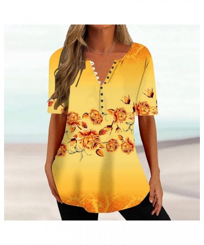 Summer Blouses for Women 2023 Paisley Short Sleeve Tunic Tops Button Down Henley Shirt Vintage Dressy Causal Clothes J04-oran...