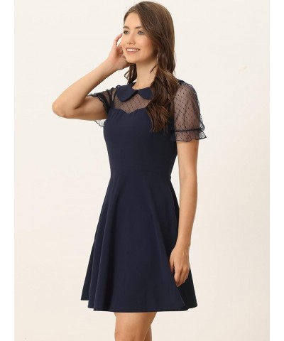 Retro Dresses for Women's Peter Pan Collar Valentine's Day A-Line Mesh Sleeve Dress Dark Blue $17.15 Dresses