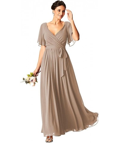 Chiffon V-Neck Short Sleeve Bridesmaid Dresses for Wedding with Pockets Corset Formal Evening Party Gown Taupe $25.20 Dresses