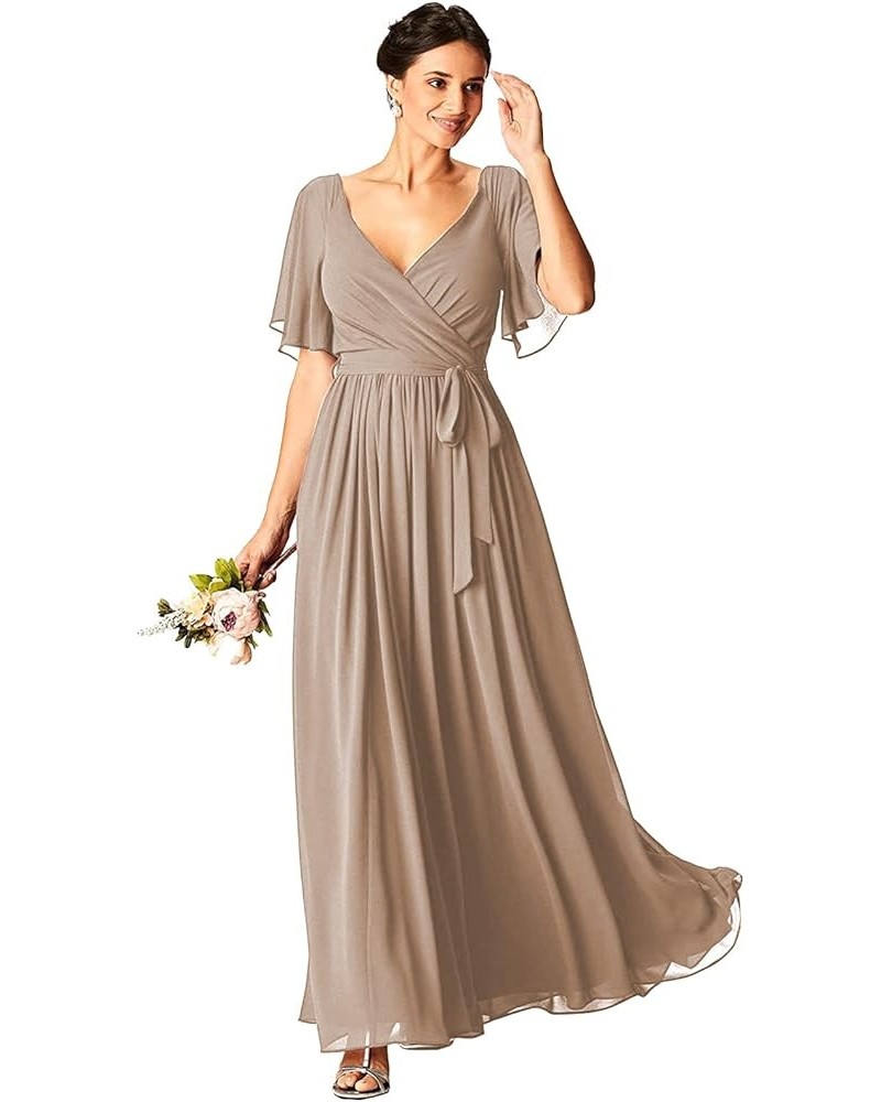 Chiffon V-Neck Short Sleeve Bridesmaid Dresses for Wedding with Pockets Corset Formal Evening Party Gown Taupe $25.20 Dresses