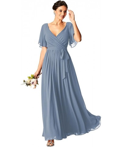 Chiffon V-Neck Short Sleeve Bridesmaid Dresses for Wedding with Pockets Corset Formal Evening Party Gown Taupe $25.20 Dresses