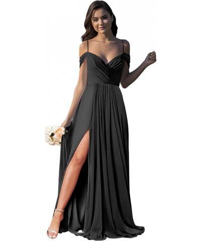 Women’s Off Shoulder Bridesmaid Dresses with Pockets Long Spaghetti Straps Pleats Formal Dress with Slit YG252 Black $29.69 D...