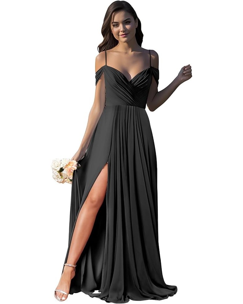 Women’s Off Shoulder Bridesmaid Dresses with Pockets Long Spaghetti Straps Pleats Formal Dress with Slit YG252 Black $29.69 D...