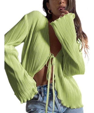 Women Bell Sleeve Top Sexy Tie Front Sheer Blouse Going Out Tops Y2k Streetwear A1 Light Green $14.83 Blouses