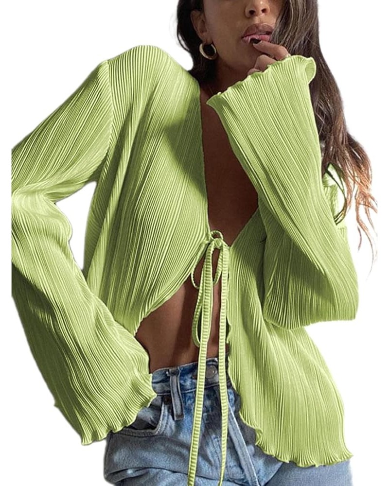 Women Bell Sleeve Top Sexy Tie Front Sheer Blouse Going Out Tops Y2k Streetwear A1 Light Green $14.83 Blouses