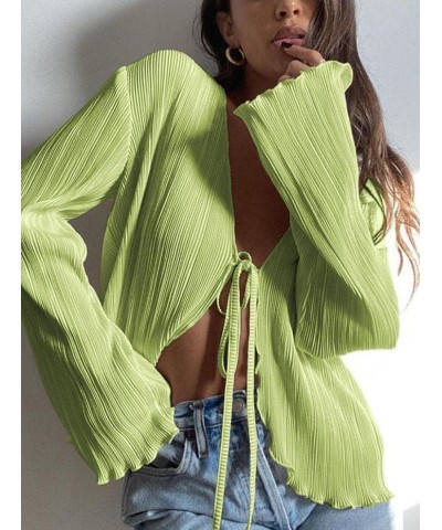 Women Bell Sleeve Top Sexy Tie Front Sheer Blouse Going Out Tops Y2k Streetwear A1 Light Green $14.83 Blouses