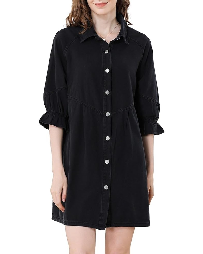 Denim Shirt Dress for Women 3/4 Long Sleeves Button Down Tiered Babydoll Casual Jean Dress Tunic Top Black $22.87 Dresses