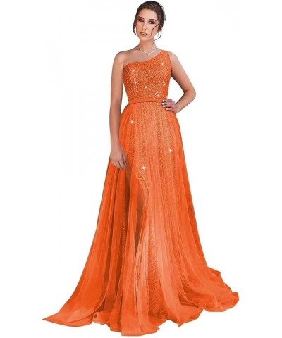 One Shoulder Sequin Long Prom Dresses for Women 2024 Sparkly Tulle High Slit Formal Maxi Evening Dress with Slit Orange $33.0...