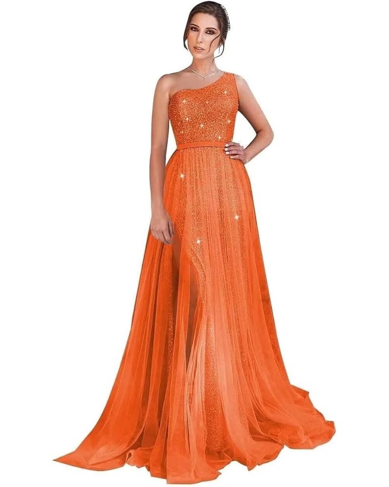 One Shoulder Sequin Long Prom Dresses for Women 2024 Sparkly Tulle High Slit Formal Maxi Evening Dress with Slit Orange $33.0...